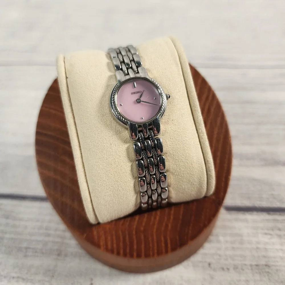 Seiko Women Watch Pink Dial Stainless Steel Rope Bezel 1N00-0JJ0 Silver Tone